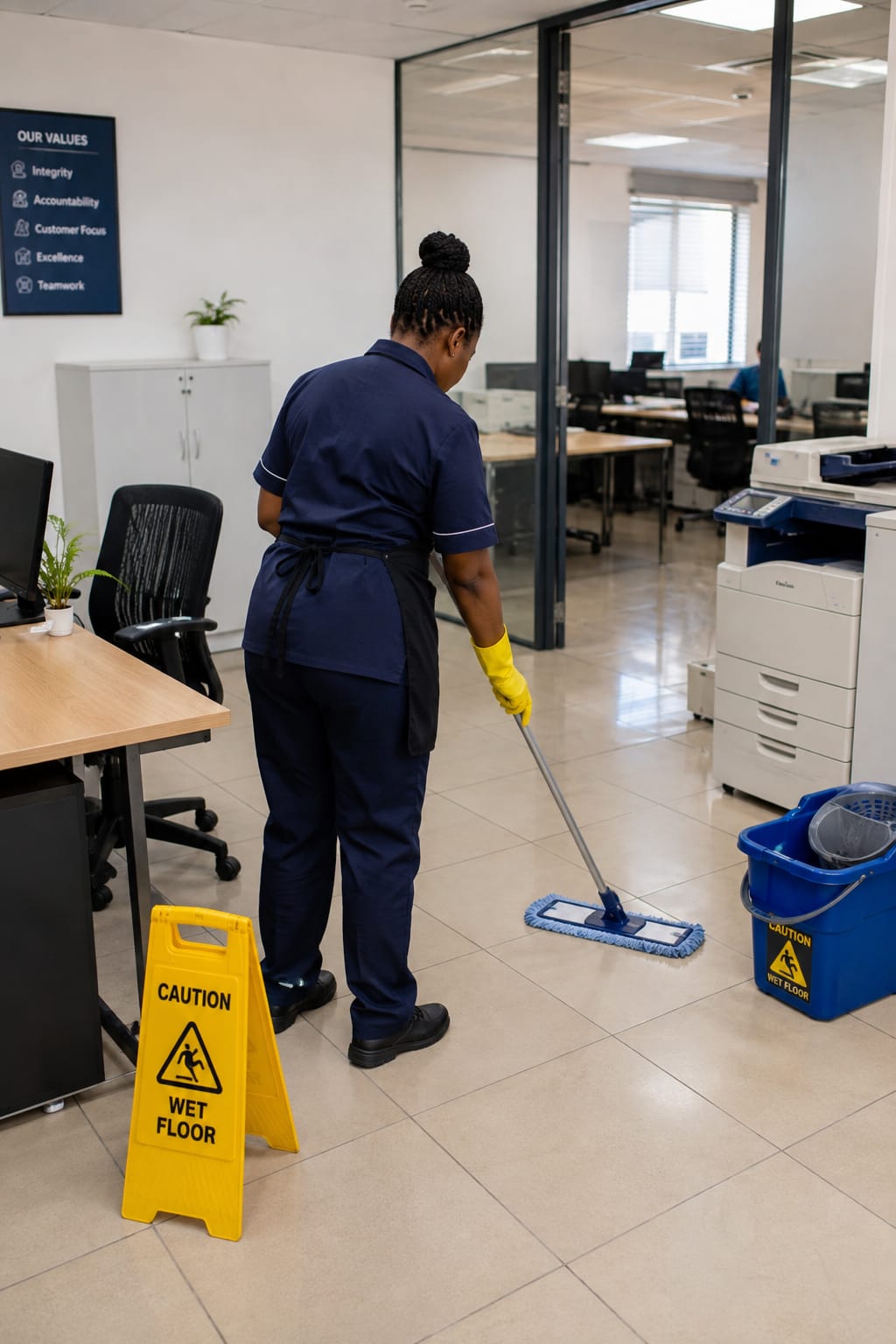 Cleaner mopping an office floor